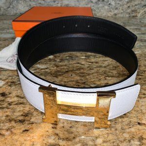 RARE HERMÈS SE W/B Reversible 42MM 24Kt Goldplating Buckle Belt Sz 95 Ret $4,020